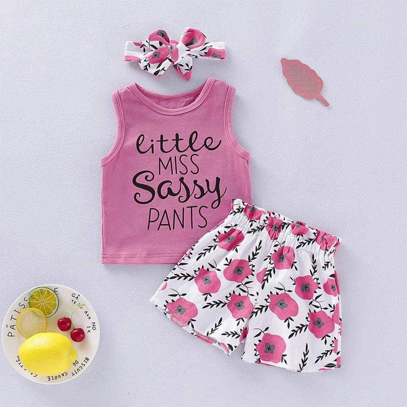 Hipea Toddler Girl Outfits Flower Tops Sleeveless Vest Shorts Headband Summer Clothes Set(5-6T) - Image 3